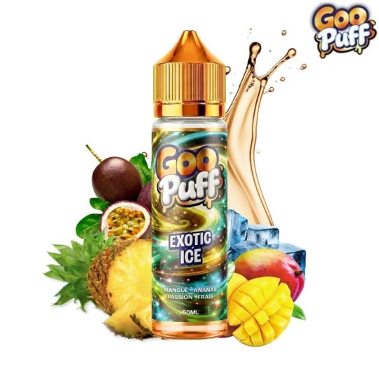 Flacon Exotic Ice GOO PUFF 50ml Guilab – e-liquide tropical frais mangue ananas fruit de la passion, fabriqué en France